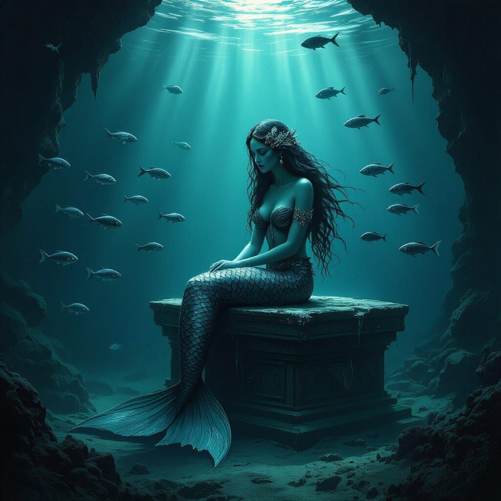 Melancholic Mermaid on Ancient Altar in Deep Ocean Trench