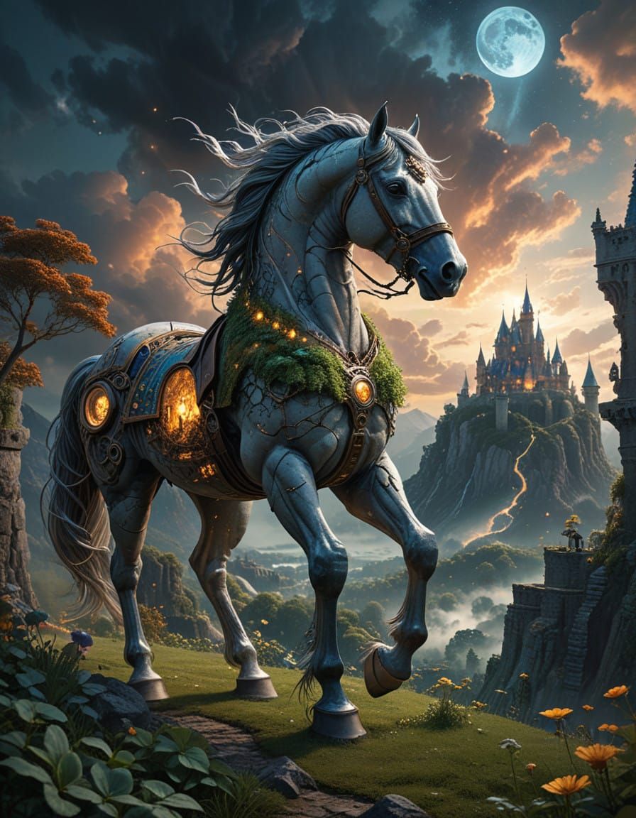 Ethereal Steampunk Horse with Castle and Cityscape in Digita...
