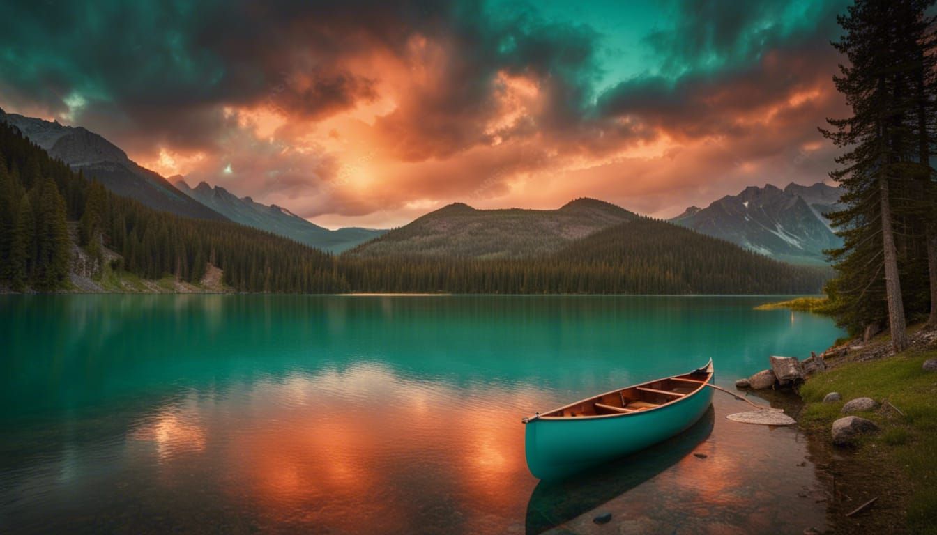 Gorgeous mountain lake landscape with canoe on edge of turquoise clear lake -7532