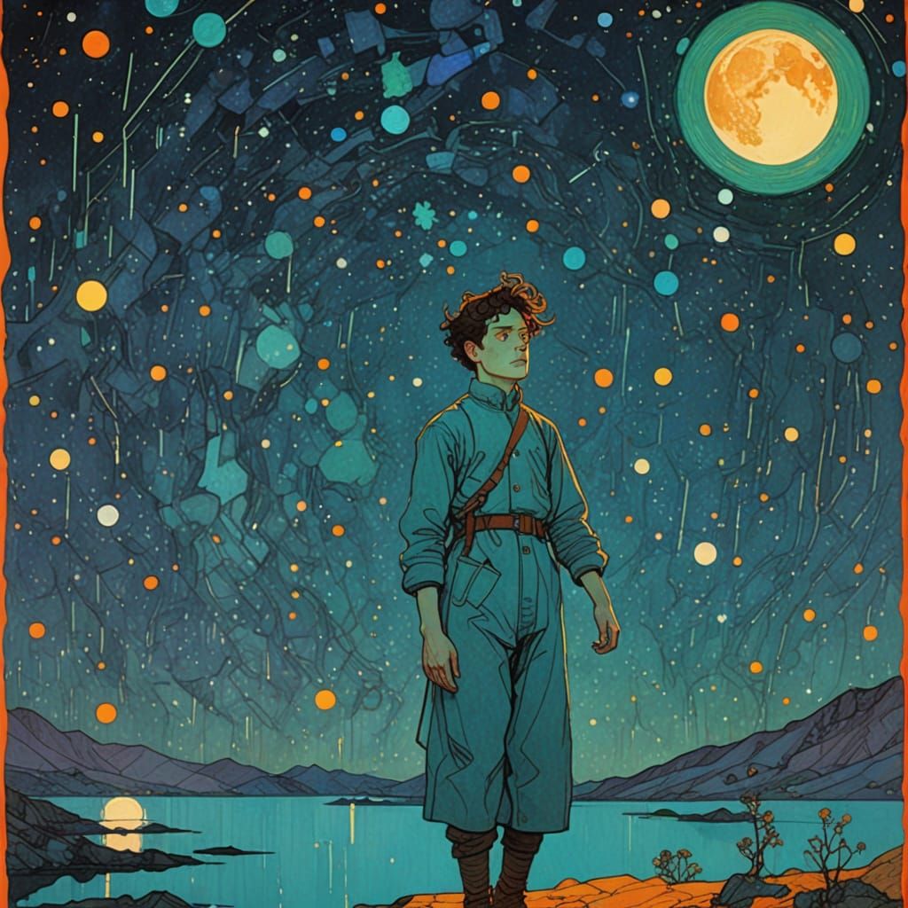 Vibrant Neon Stars in Egon Schiele Style