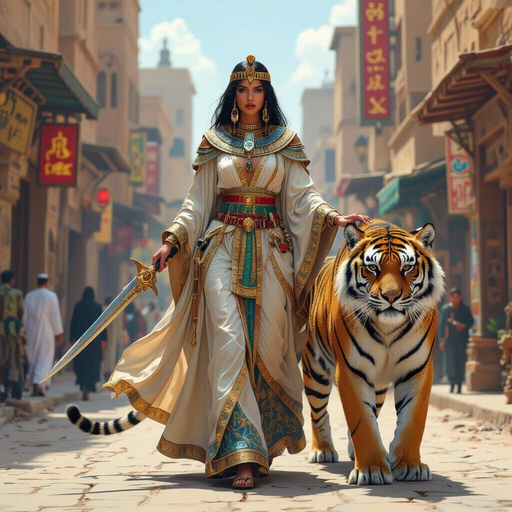 Regal Woman Commands Tiger in Futuristic Cairo