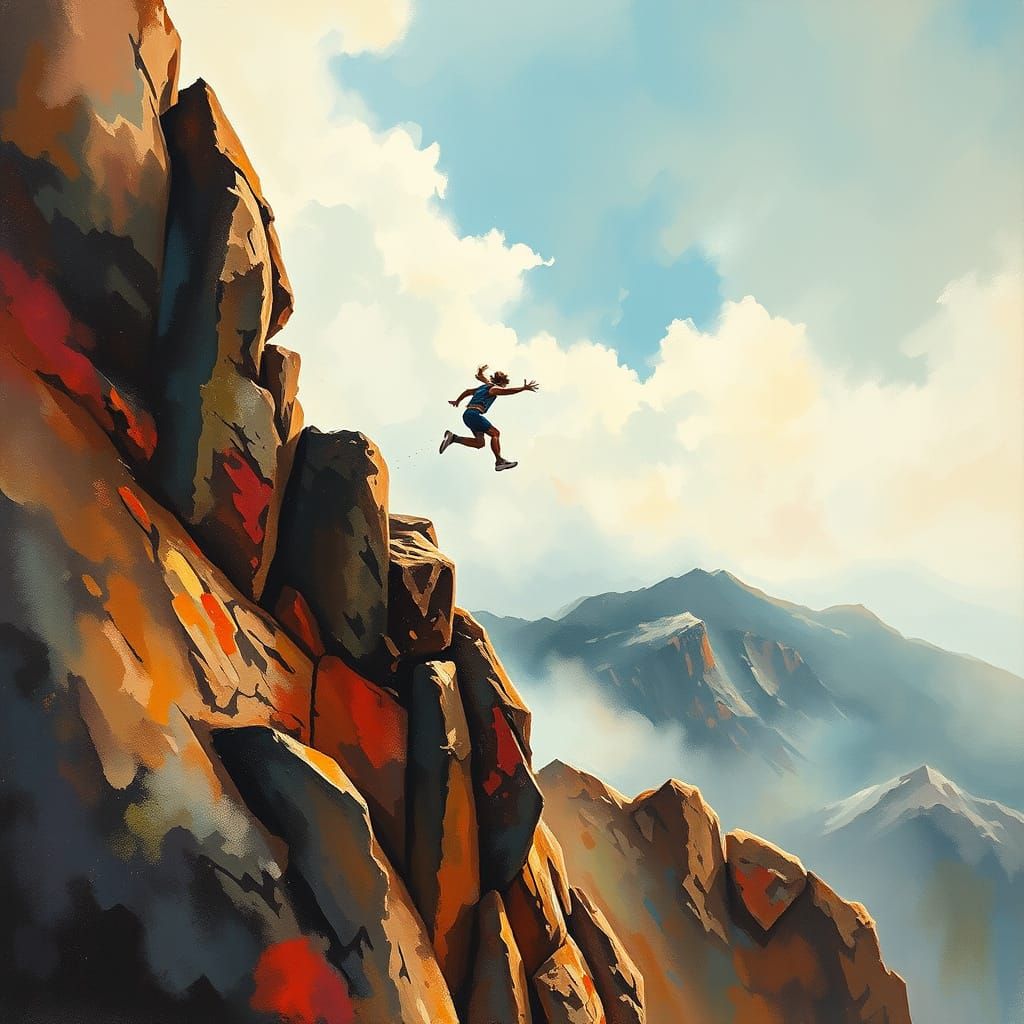 Vibrant Figure Leaps in Double Exposure Landscape