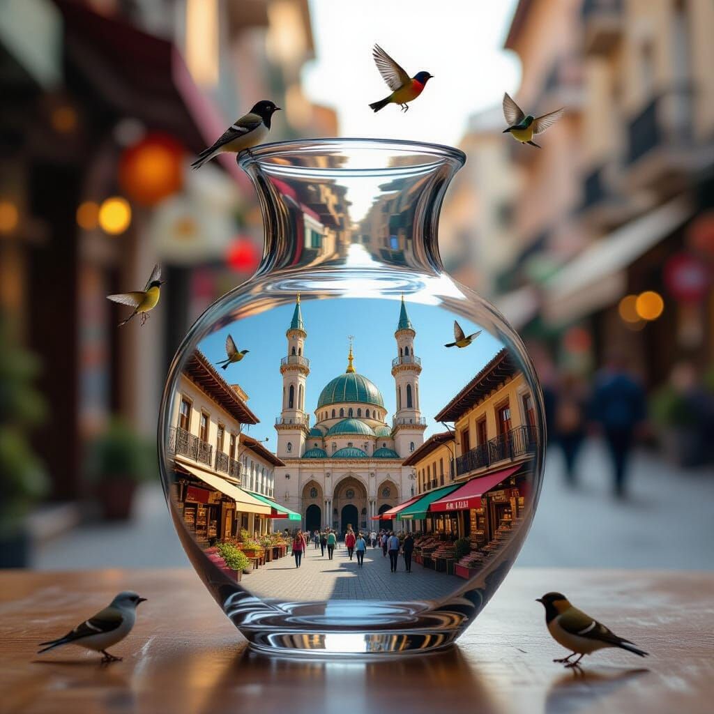 Surreal Mosque Scene in Vase with Birds Flying