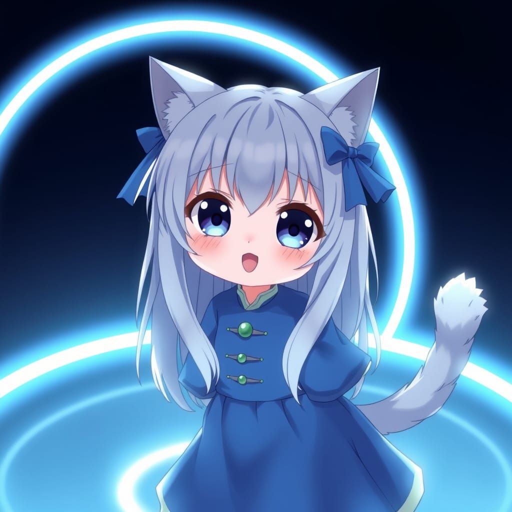 Whimsical Anime Catgirl in Celestial Blue Vortex