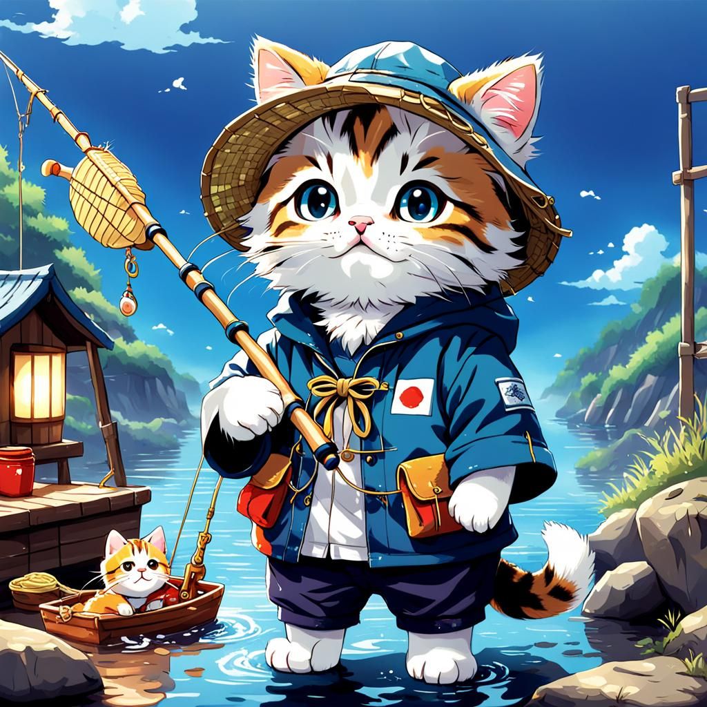 Kitten Fisherman in Anime Key Visual Style