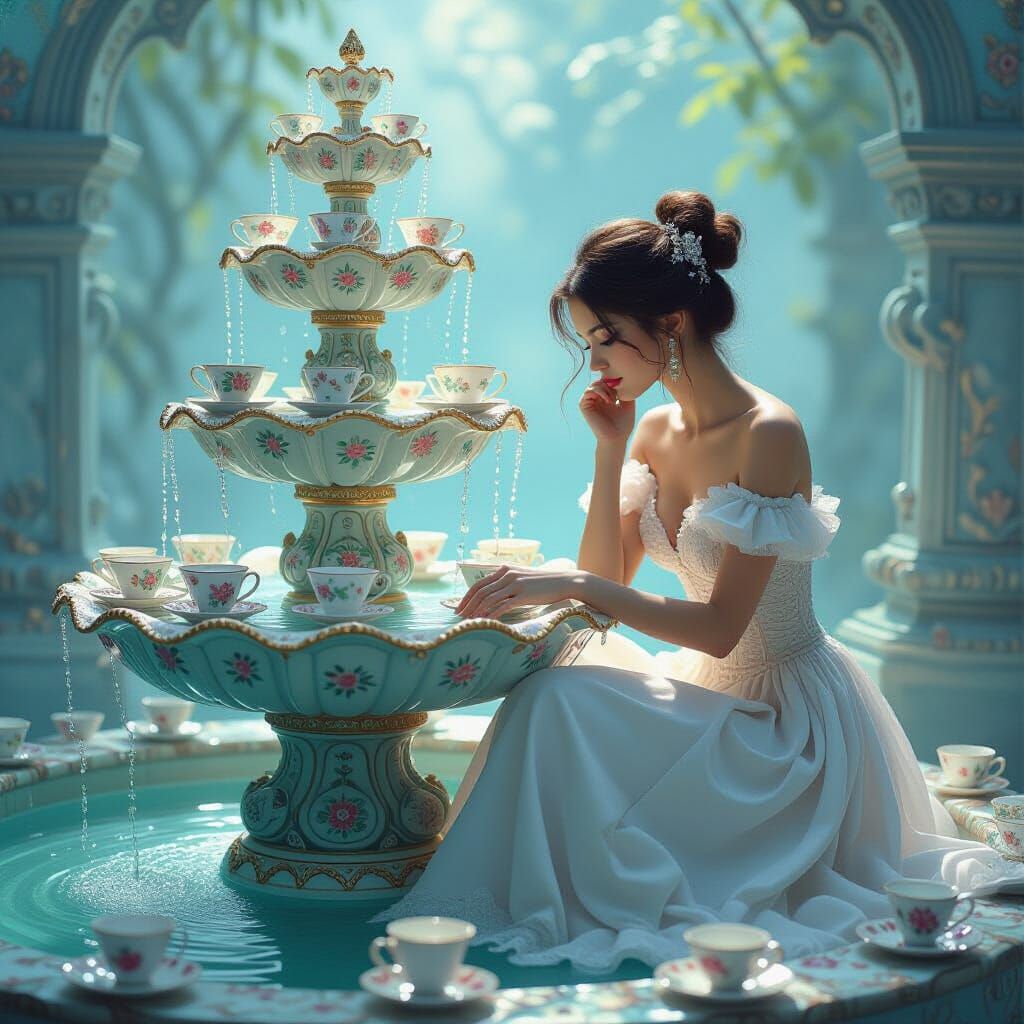 Dreamlike Teacup Fountain in Illustrative Style
