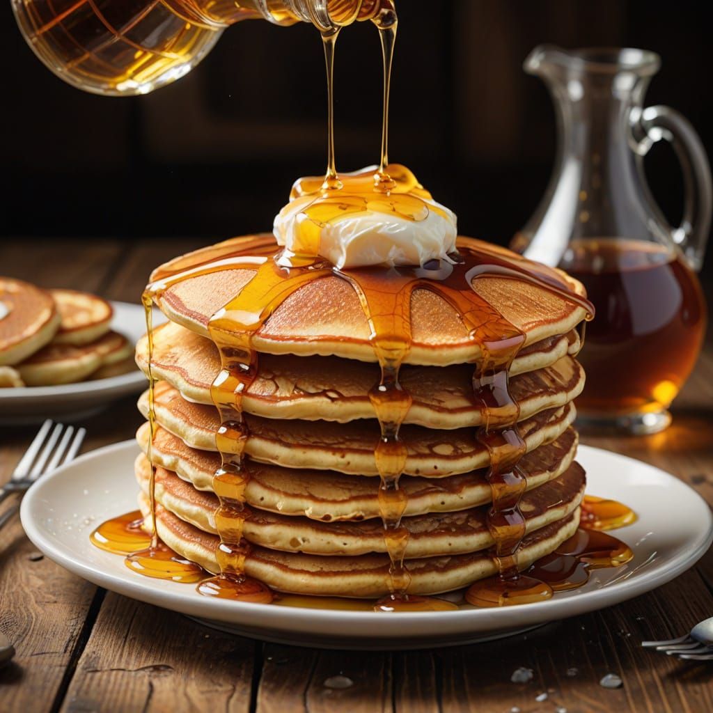 Glowing Pancakes with Cascading Syrup in Hyperrealism