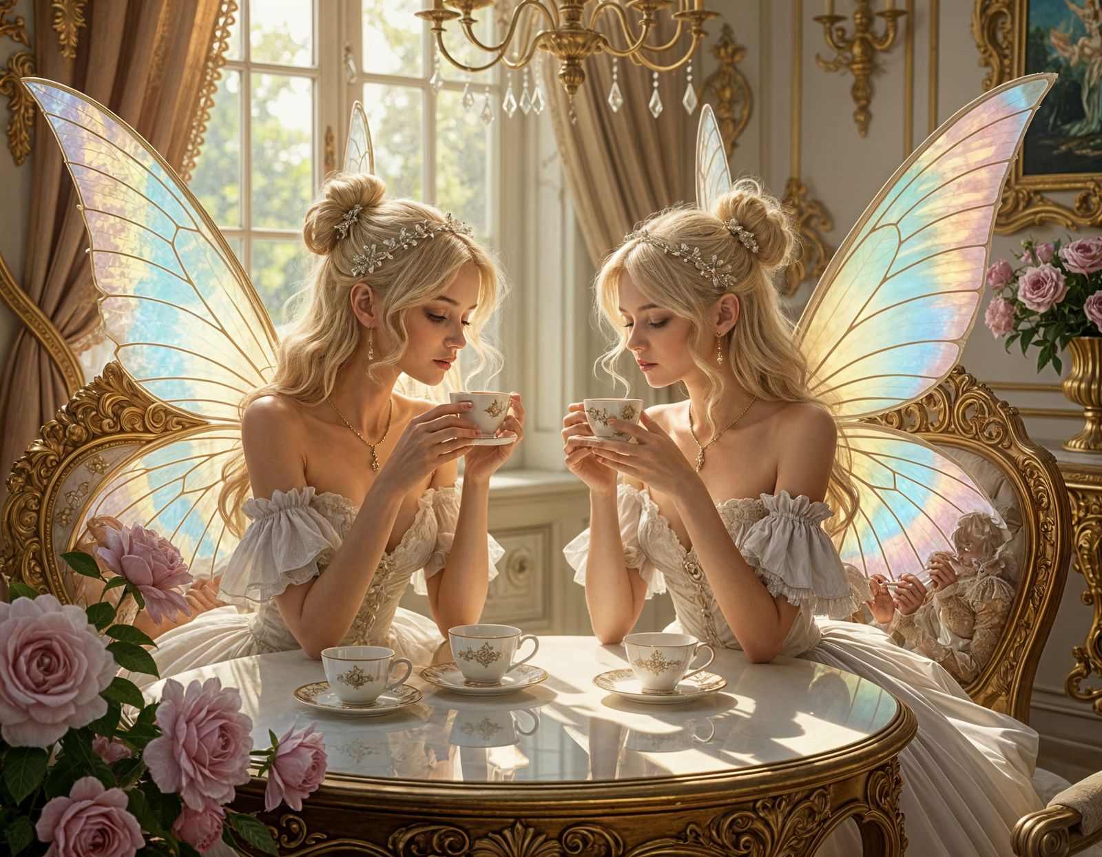Fairies Enjoying Coffee in a Luxury French Setting