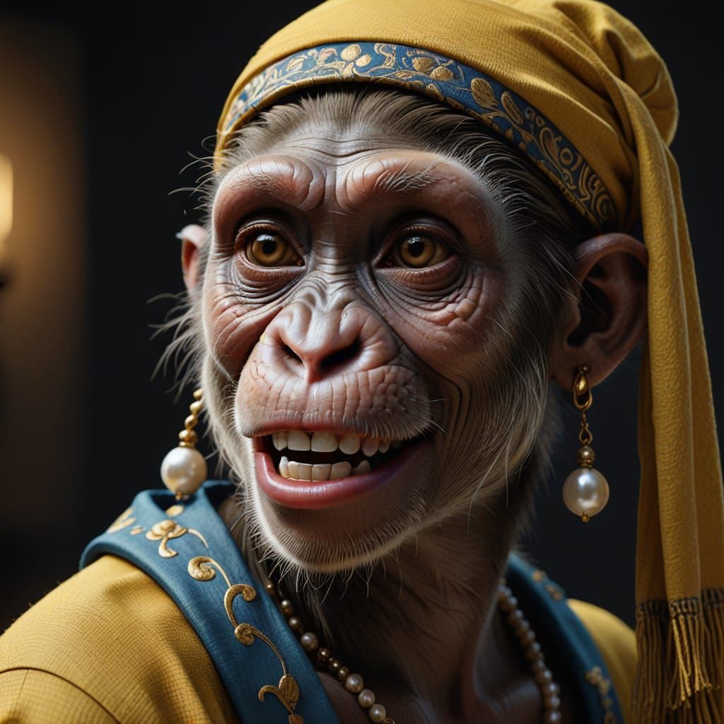 Lifelike Female Monkey with Pearl Earring in Hyperrealistic ...