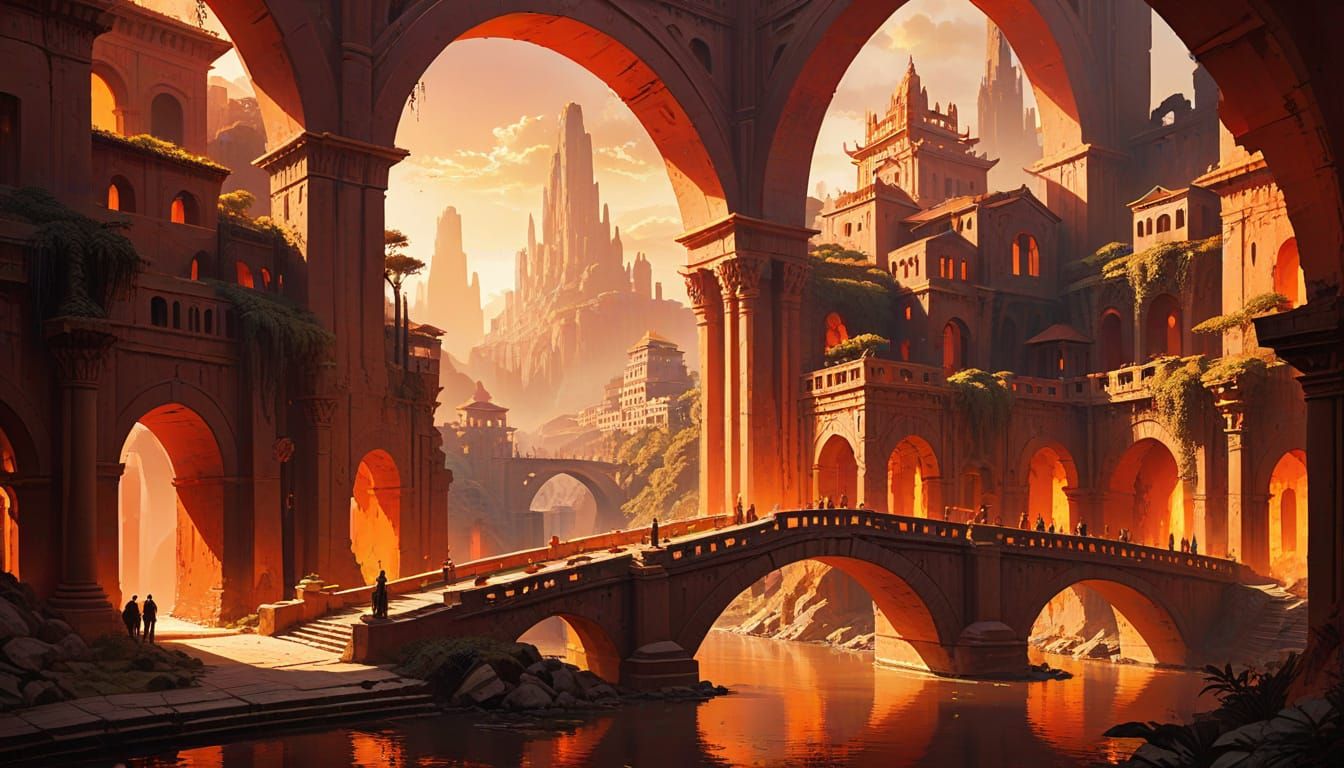 Ethereal Cityscape with Majestic Bridges in Warm, Mysterious...
