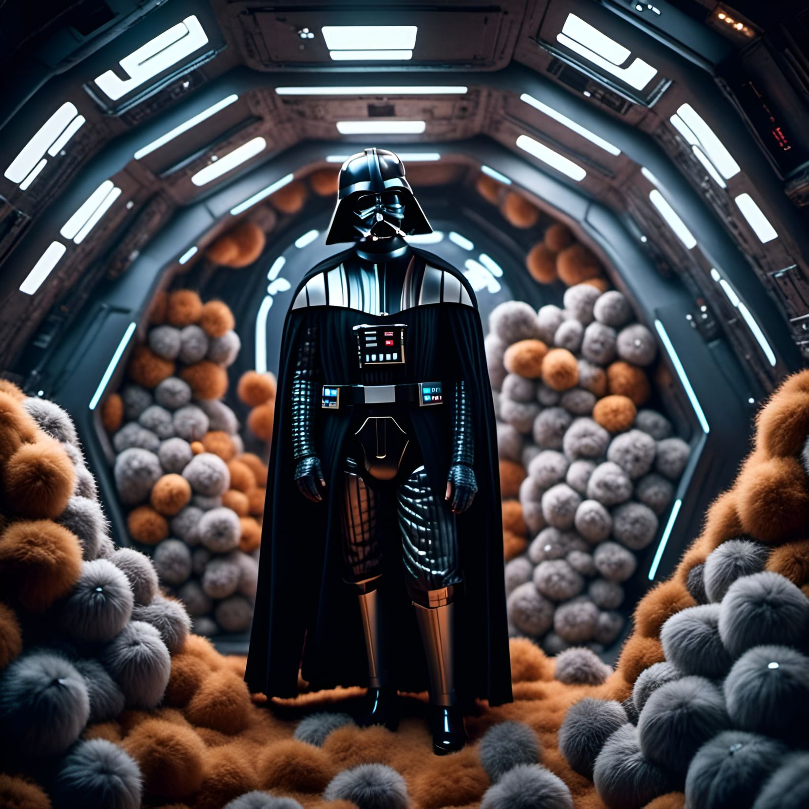Darth Vader Overwhelmed by Tribbles: Hyperrealistic 8K