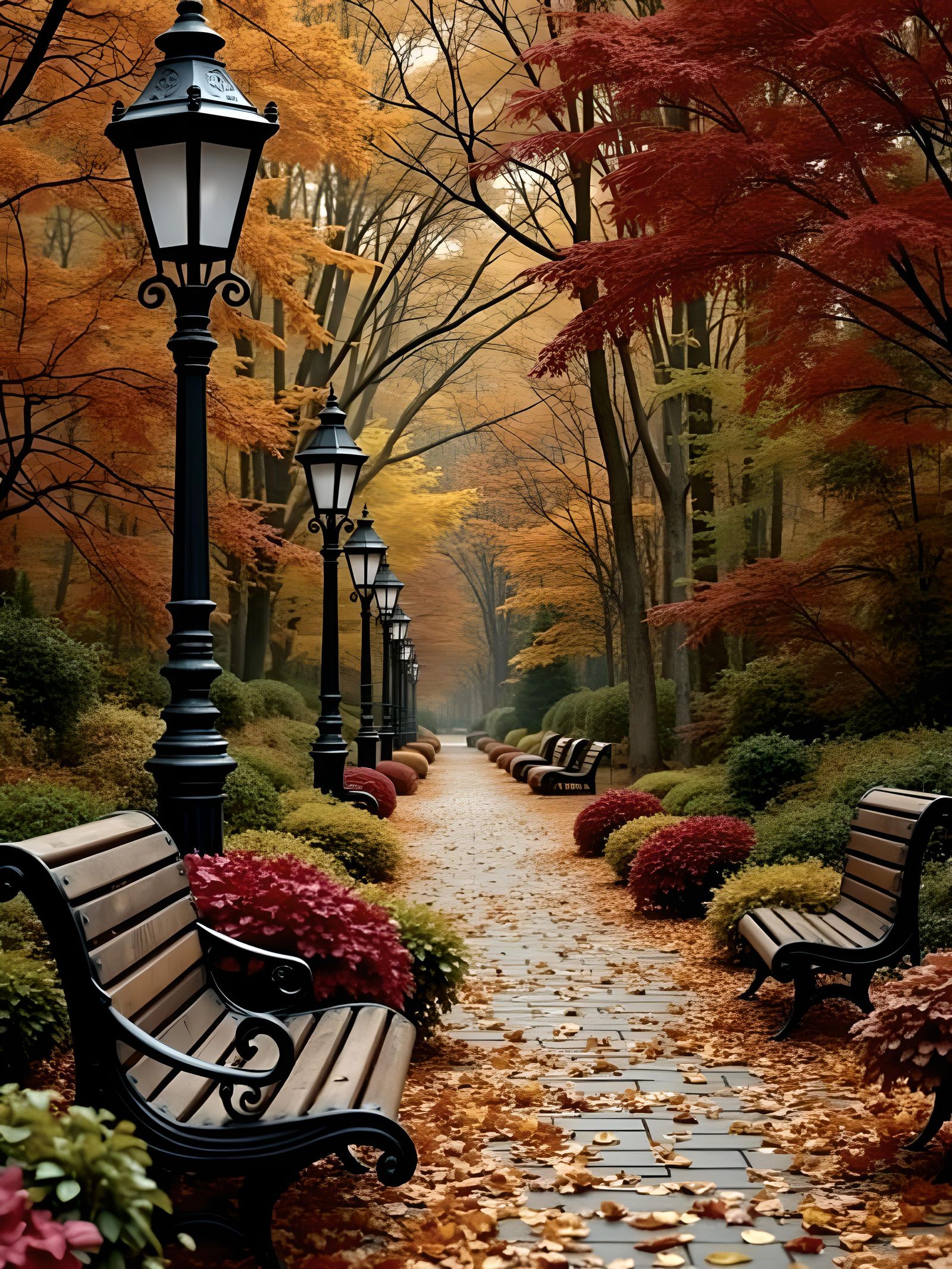Magical Autumn Park with Romantic Lighting in 3D