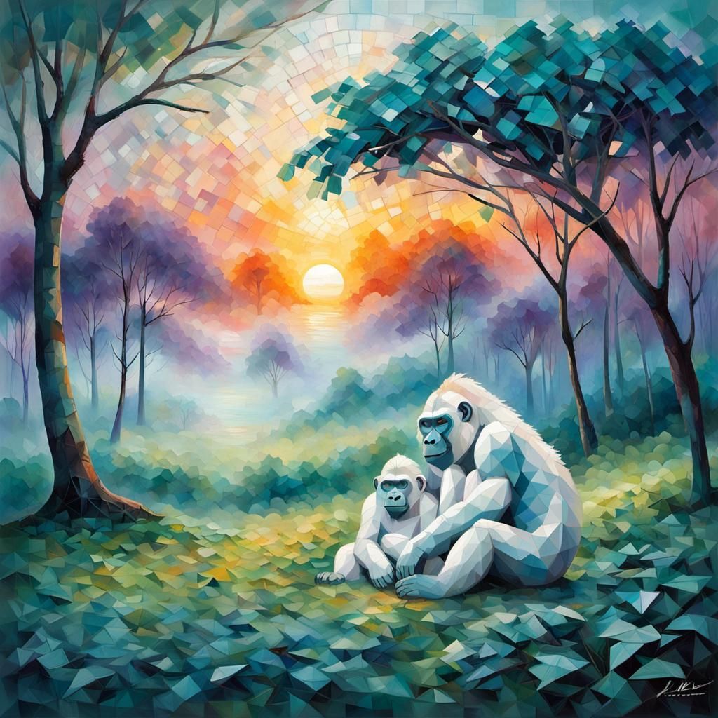 Gorilla Couple in Meadow: Impasto Mosaic Dreamscape