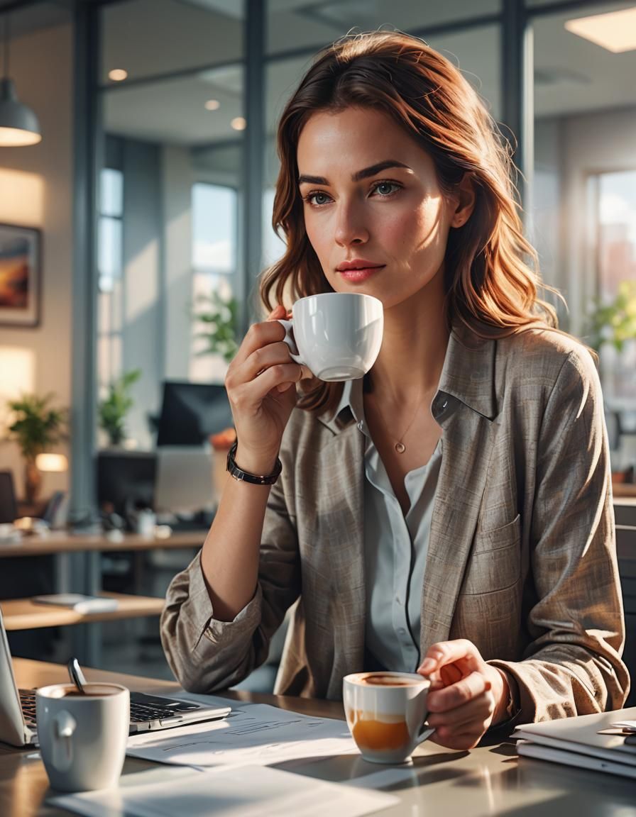 Woman with Coffee Mug in Modern Office, Digital Art