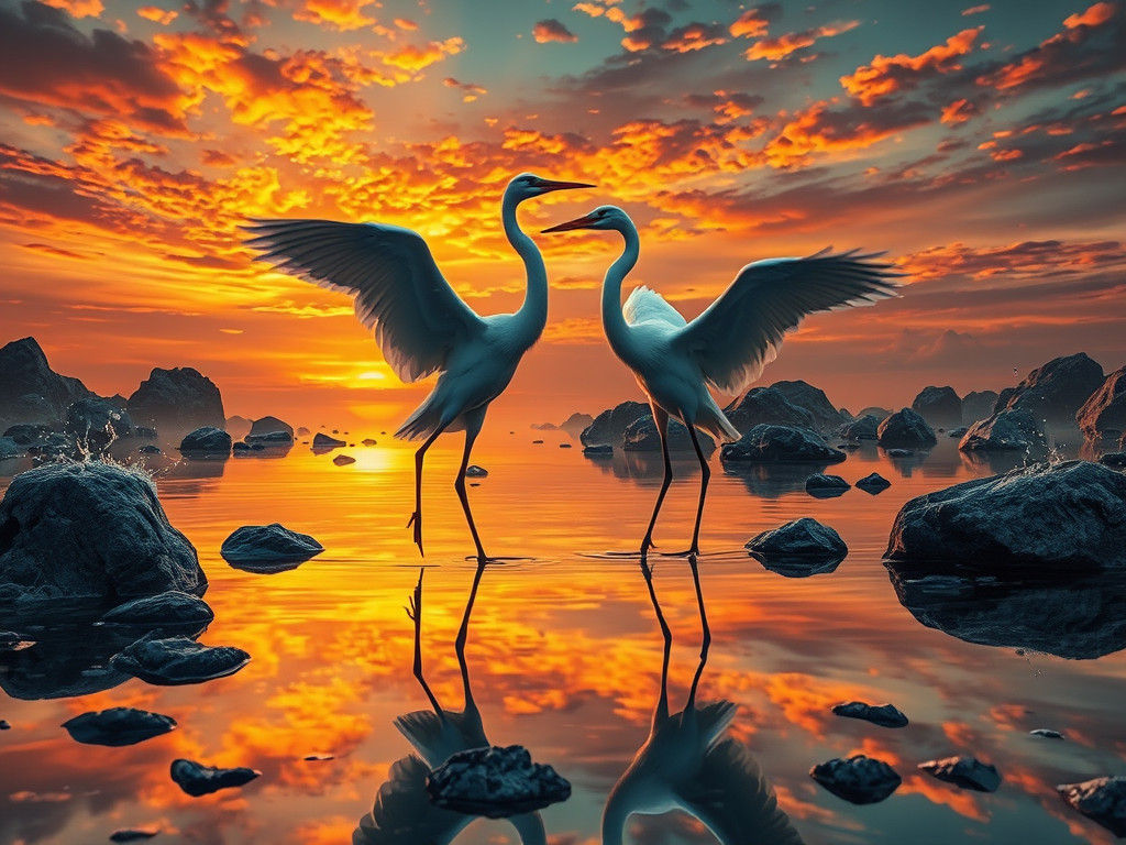 Herons Dancing at Sunset on Mystical Lagoon