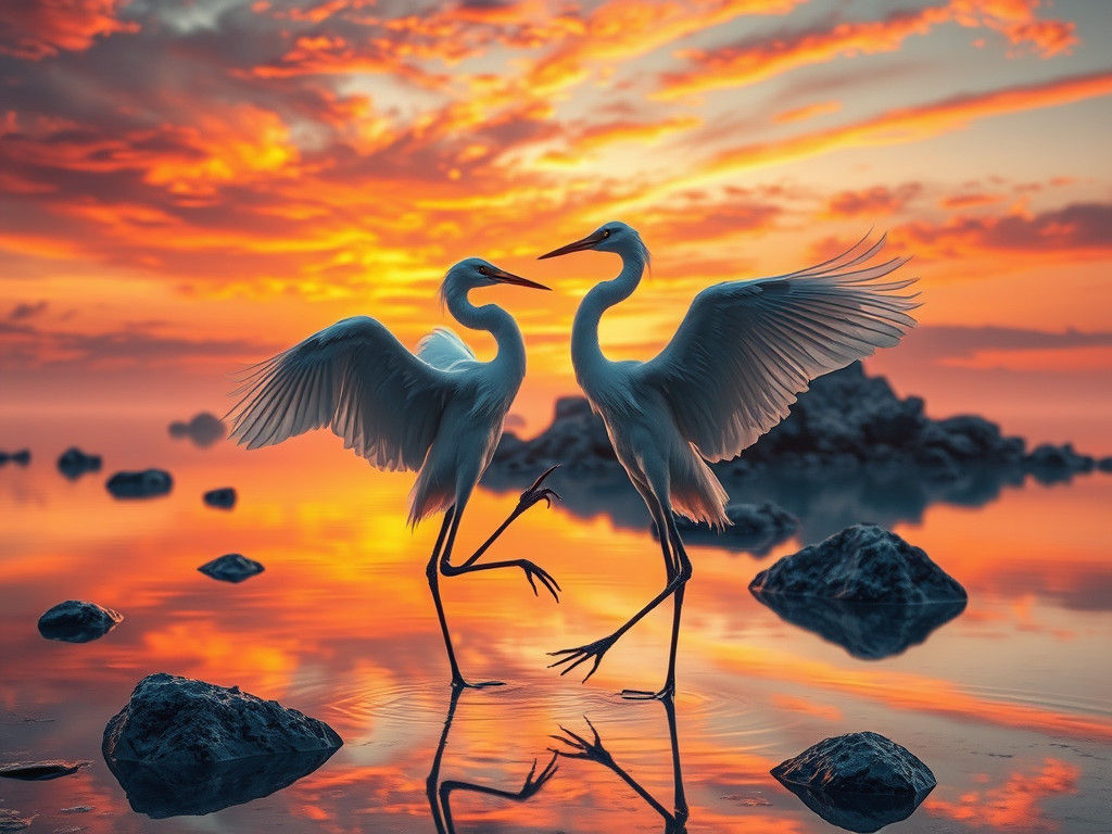 Majestic White Herons Dancing at Sunset
