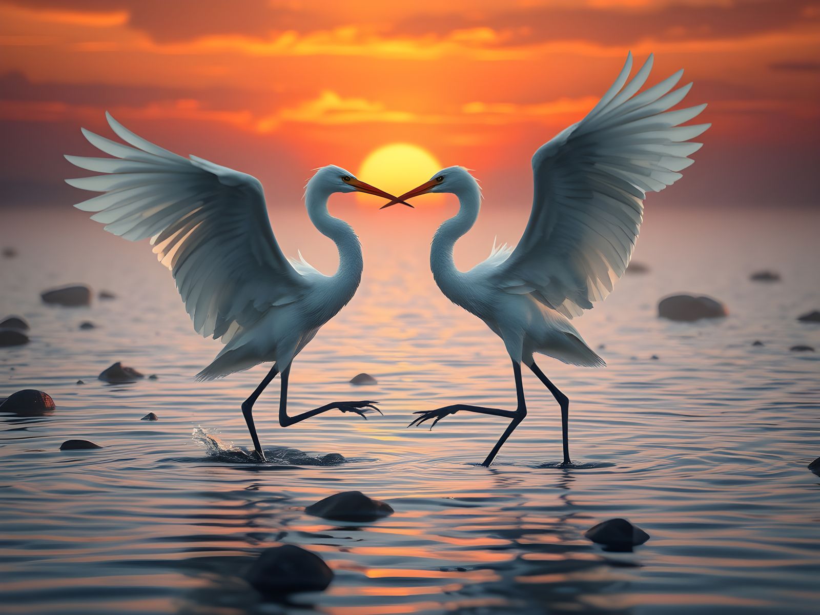 Herons Dancing Over Lagoon at Sunset