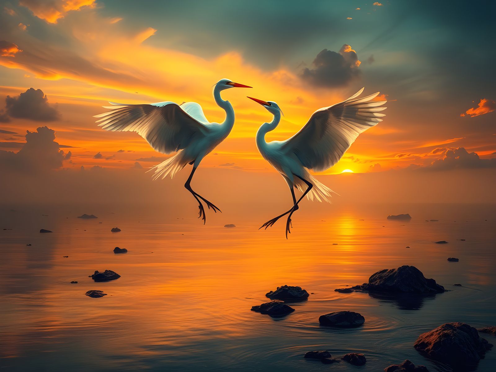 White Herons Dance on Lagoon at Sunset