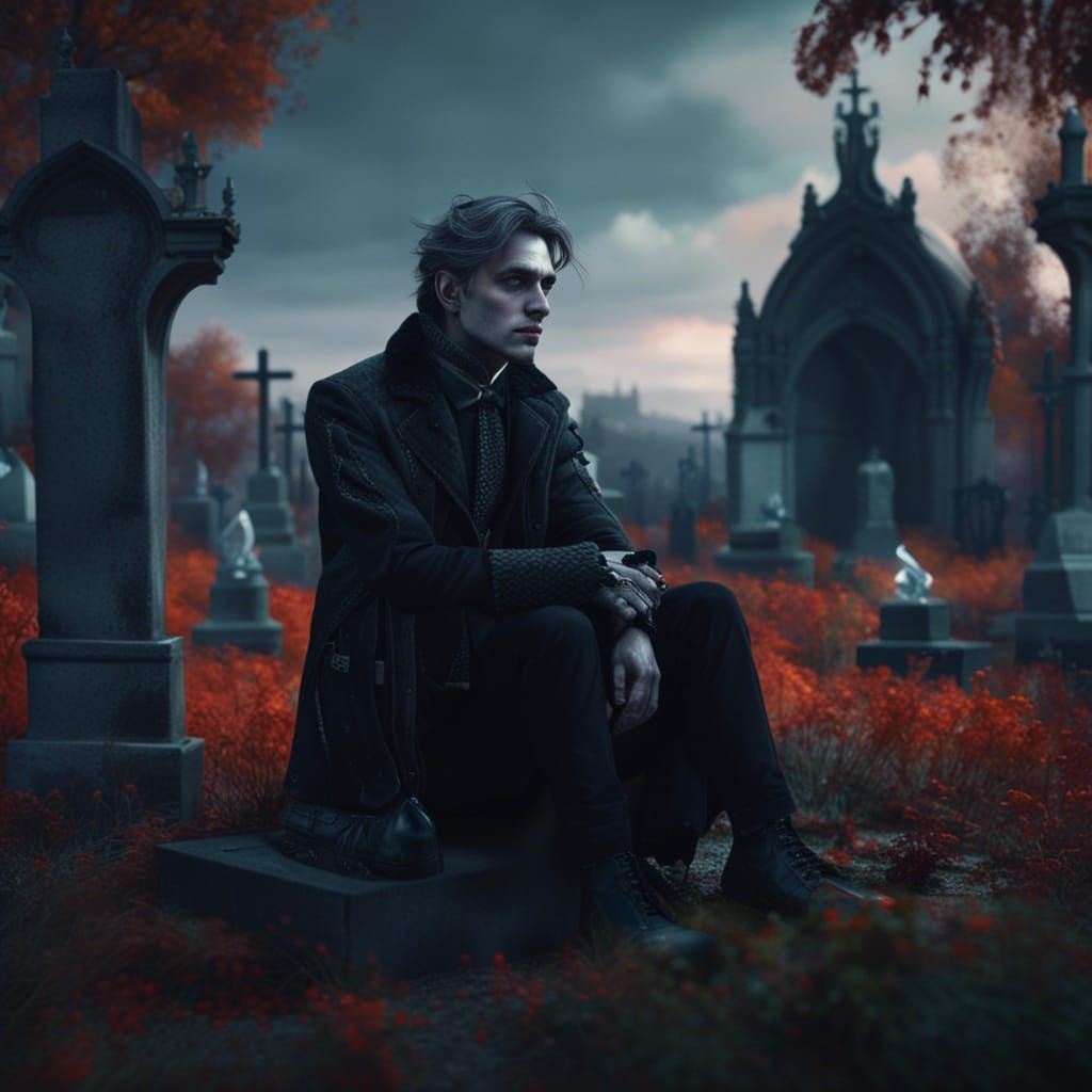 Gothic Man Waiting in Cemetery: Detailed Matte Painting