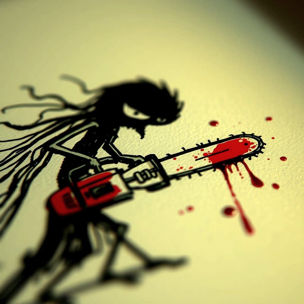 Macro Horror Illustration with Chainsaw and Ink Splatters