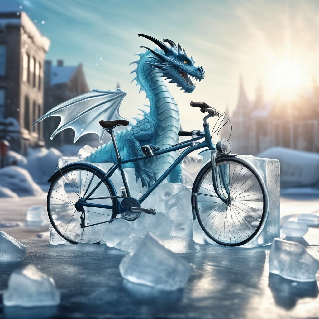 Dragon and Bicycle Frozen in Hyperrealistic Ice