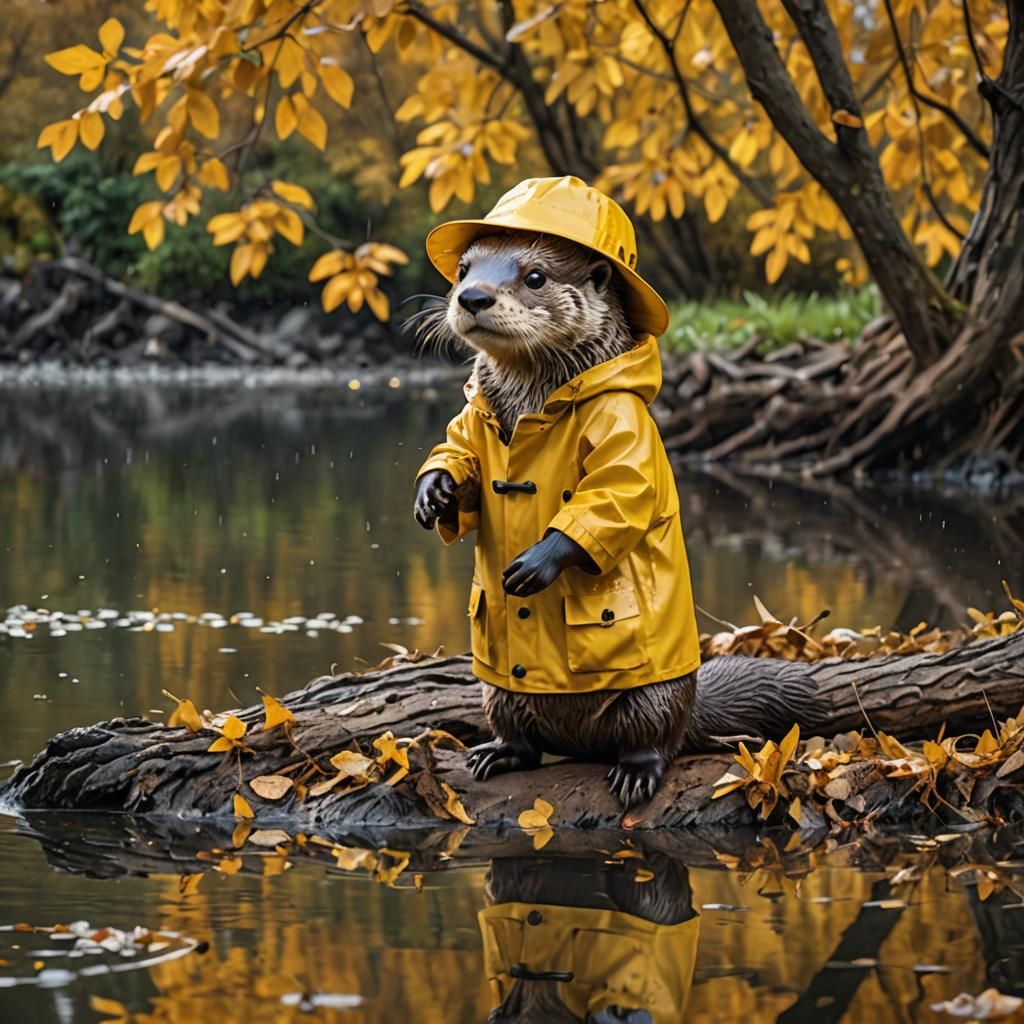 Cute adorable Otter, with yellow raincoat and hat