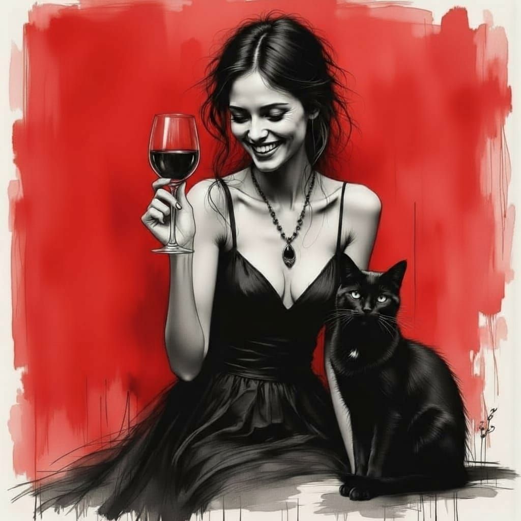 Monochromatic Red Charcoal Sketch of a Laughing Woman with C...