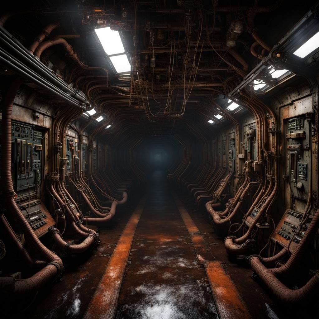 Dark and Rusty Spaceship Interior in Sci-Fi Style