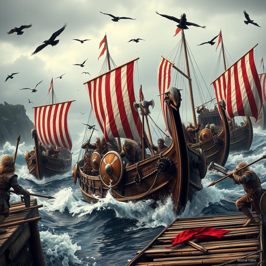 Viking Longships Battle Coastal Defenders in North Sea