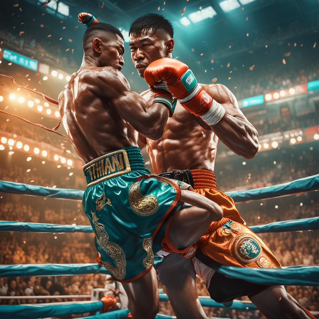 Dynamic Muay Thai Fight in Bangkok Stadium
