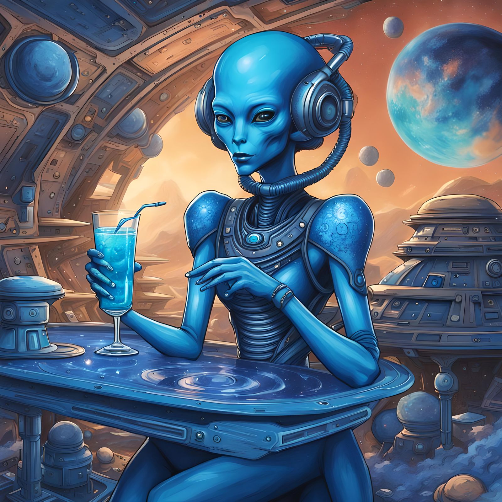 Blue Alien with Cocktail in Blue Space Station