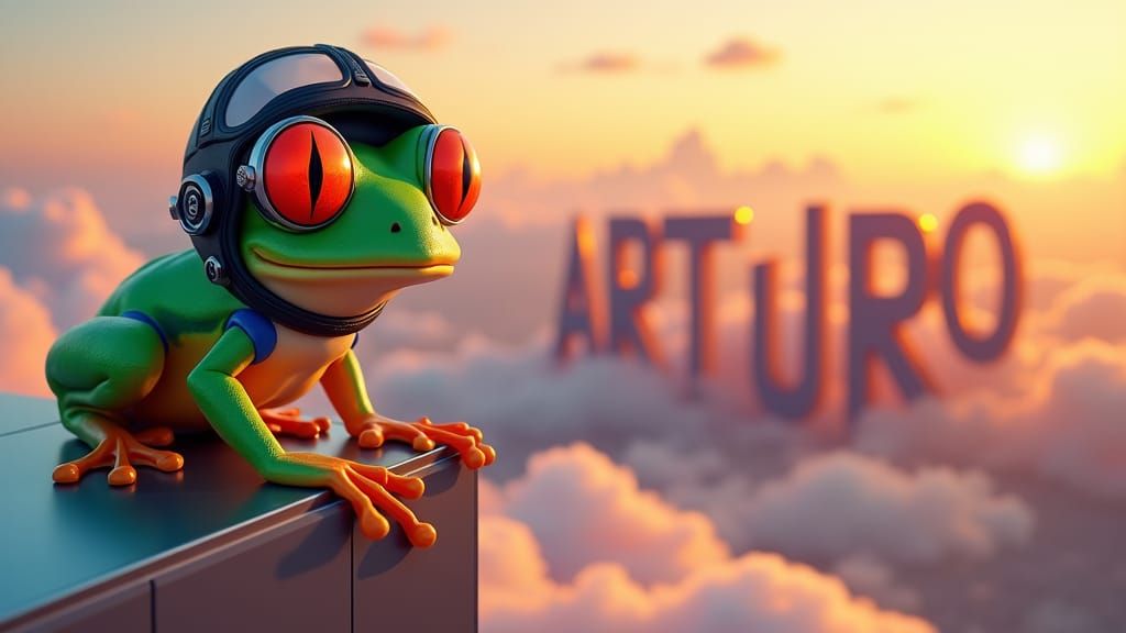 Frog Aviator Touches Clouds in Metropolis Sunset