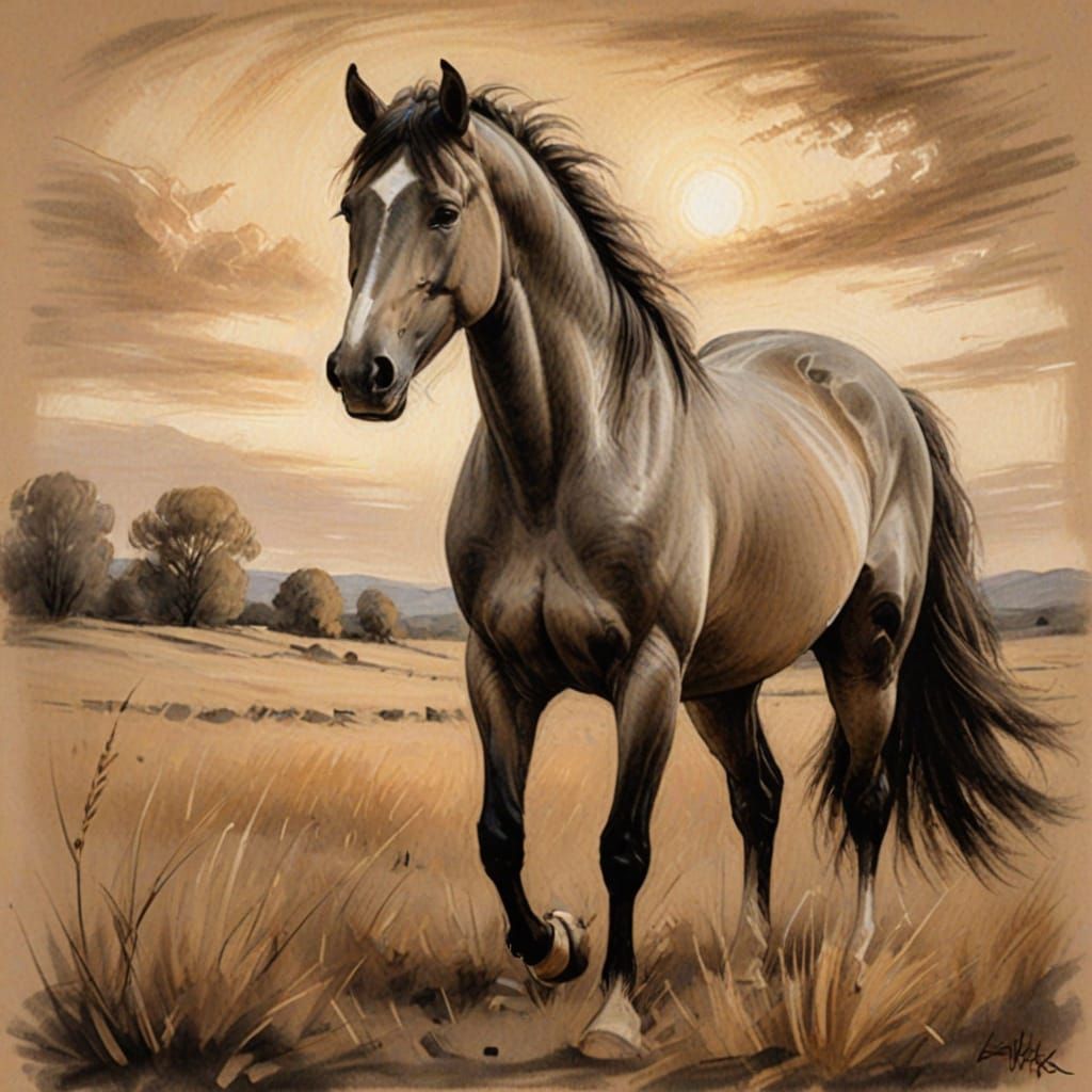 Majestic Horse in Serene Landscape, Impressionist Style