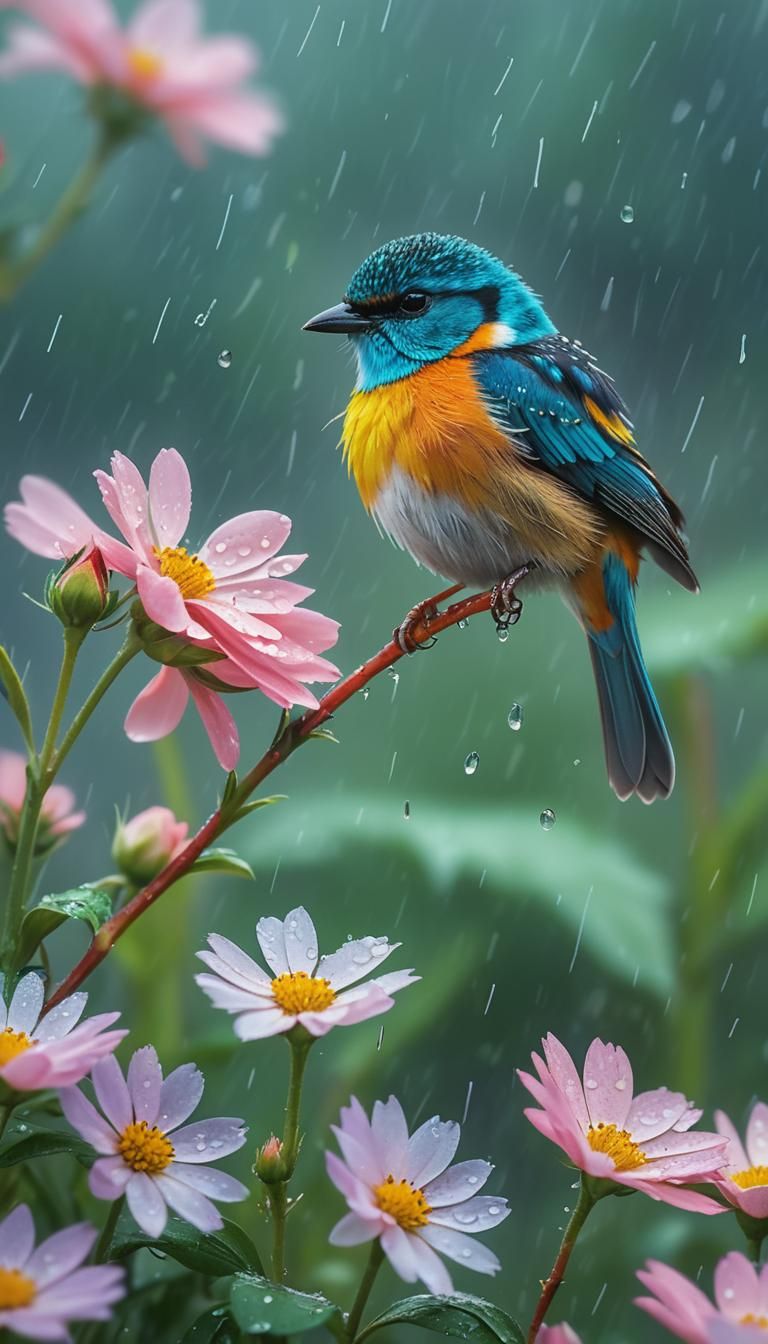 Colorful Bird Seeks Shelter on Flower in Rain