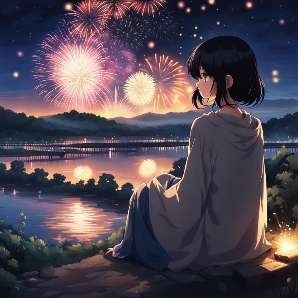 Anime Girl Watching Fireworks Over River