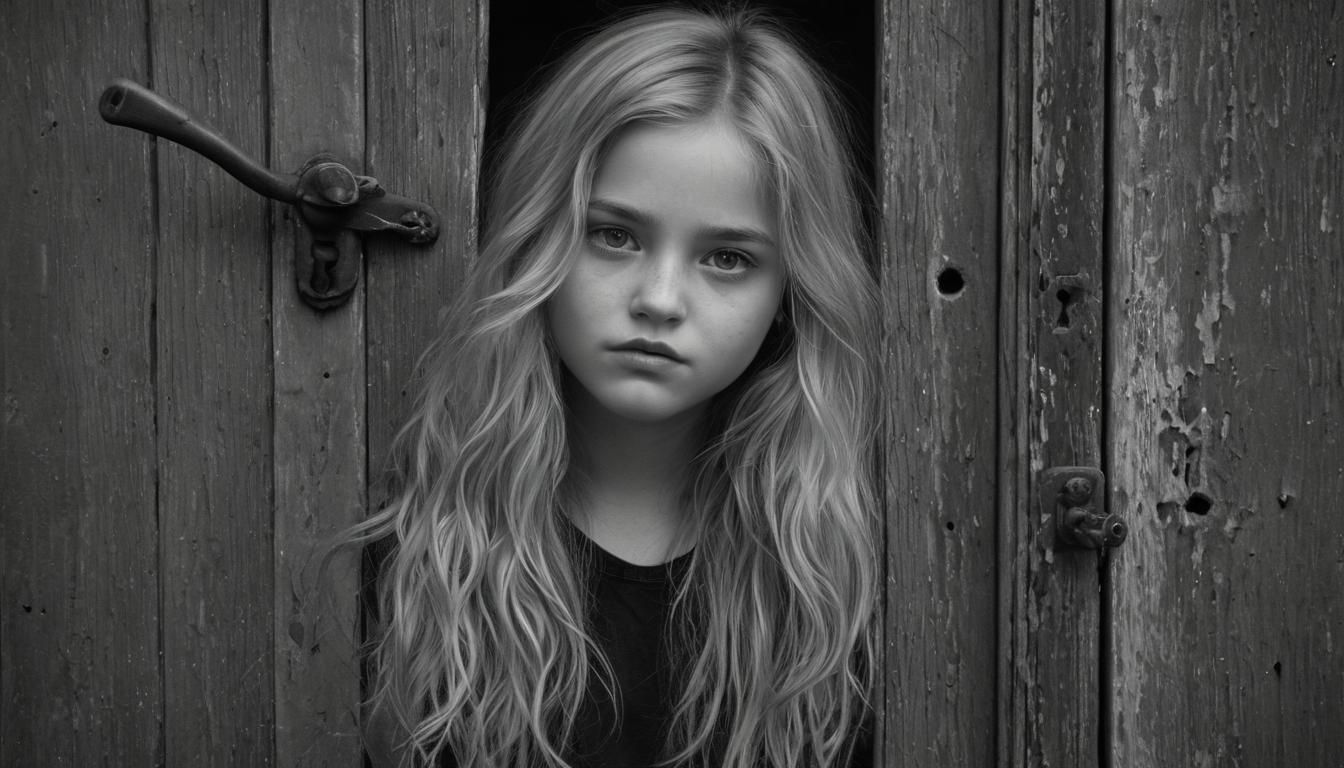 A young girl peeking from behind an old, weathered wooden do...