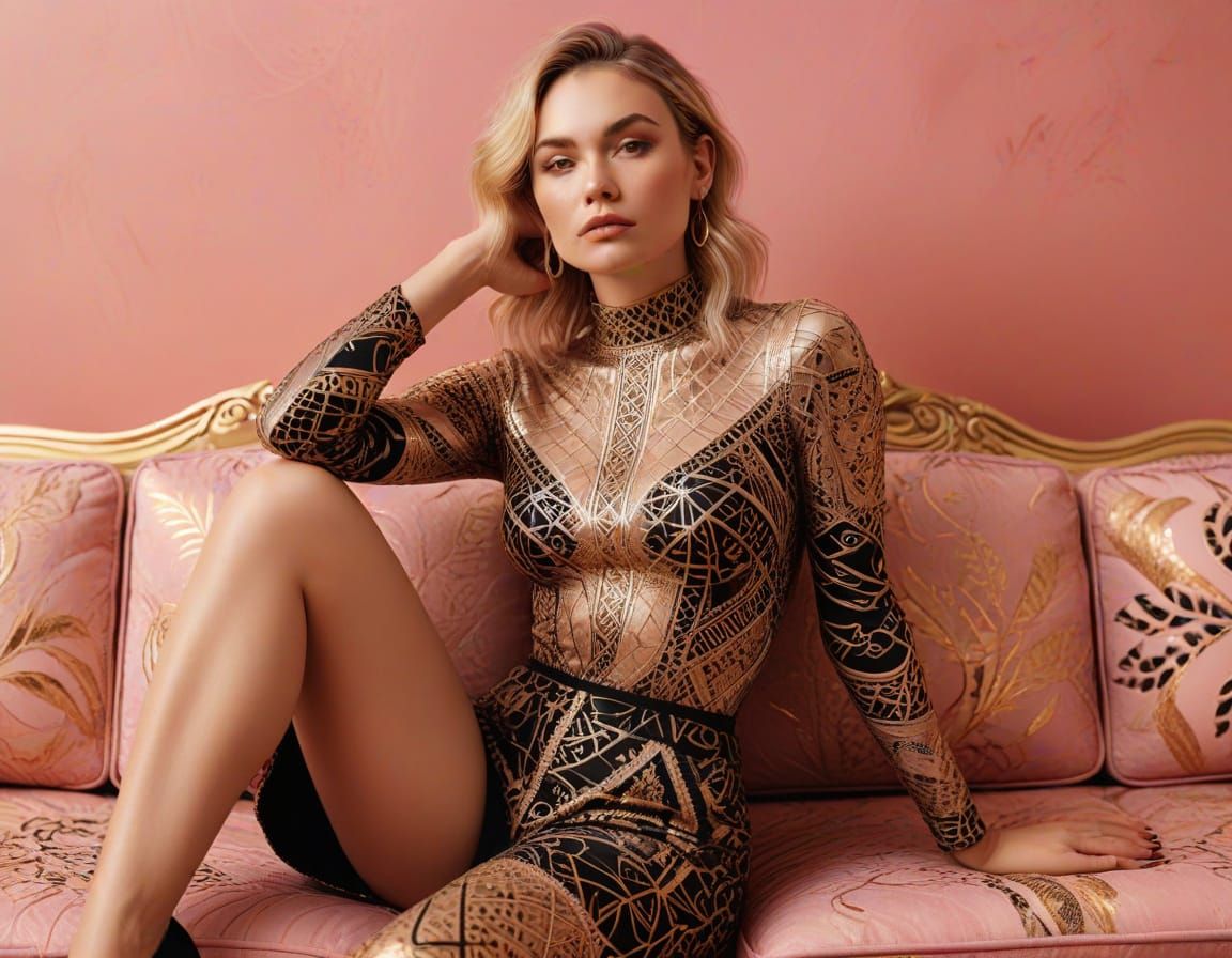 Blonde Woman in Zentangle Outfit, Digital Art