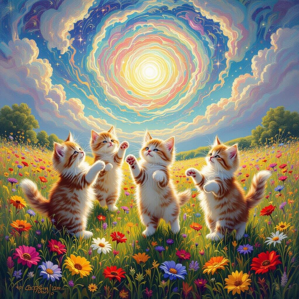Fluffy Kittens Dance in Sunlit Meadow, Psychedelic Visionary...