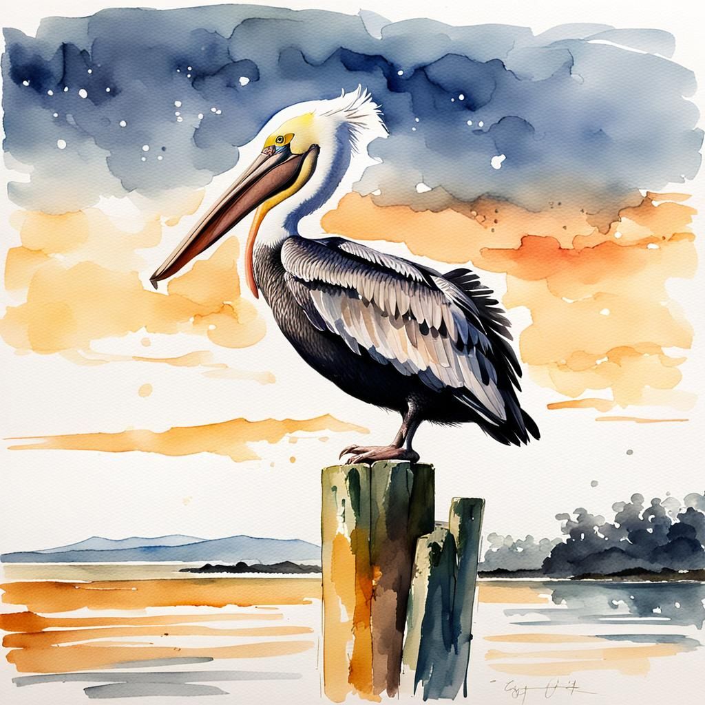 Pelican on Jetty Post in Watercolor Style