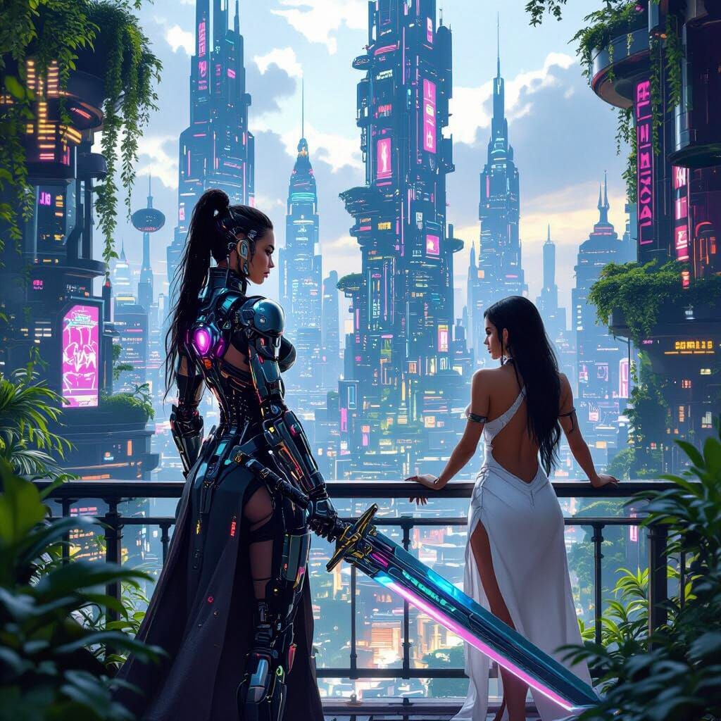 Cyberpunk Solarpunk City with Warrior and Companion