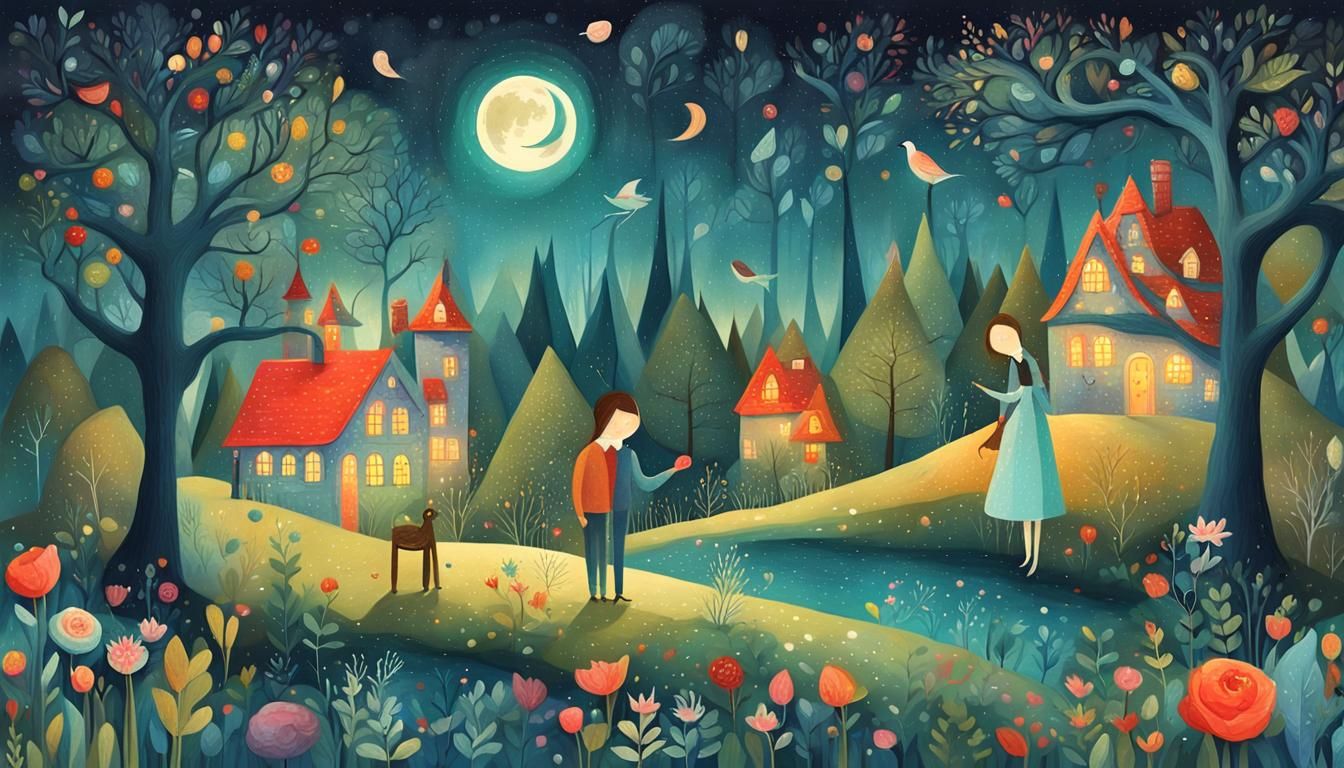 Whimsical Night Scene: A Vintage Storybook Illustration