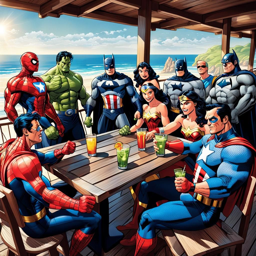 Os Super-heróis de férias num bar junto à praia