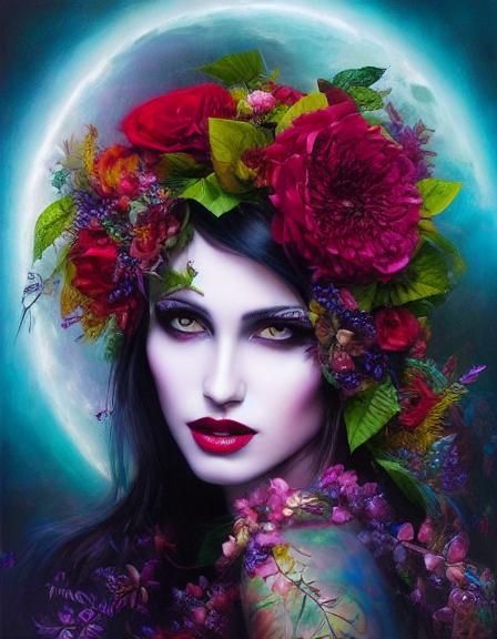 Dark Goth Flower Woman Portrait in 8K