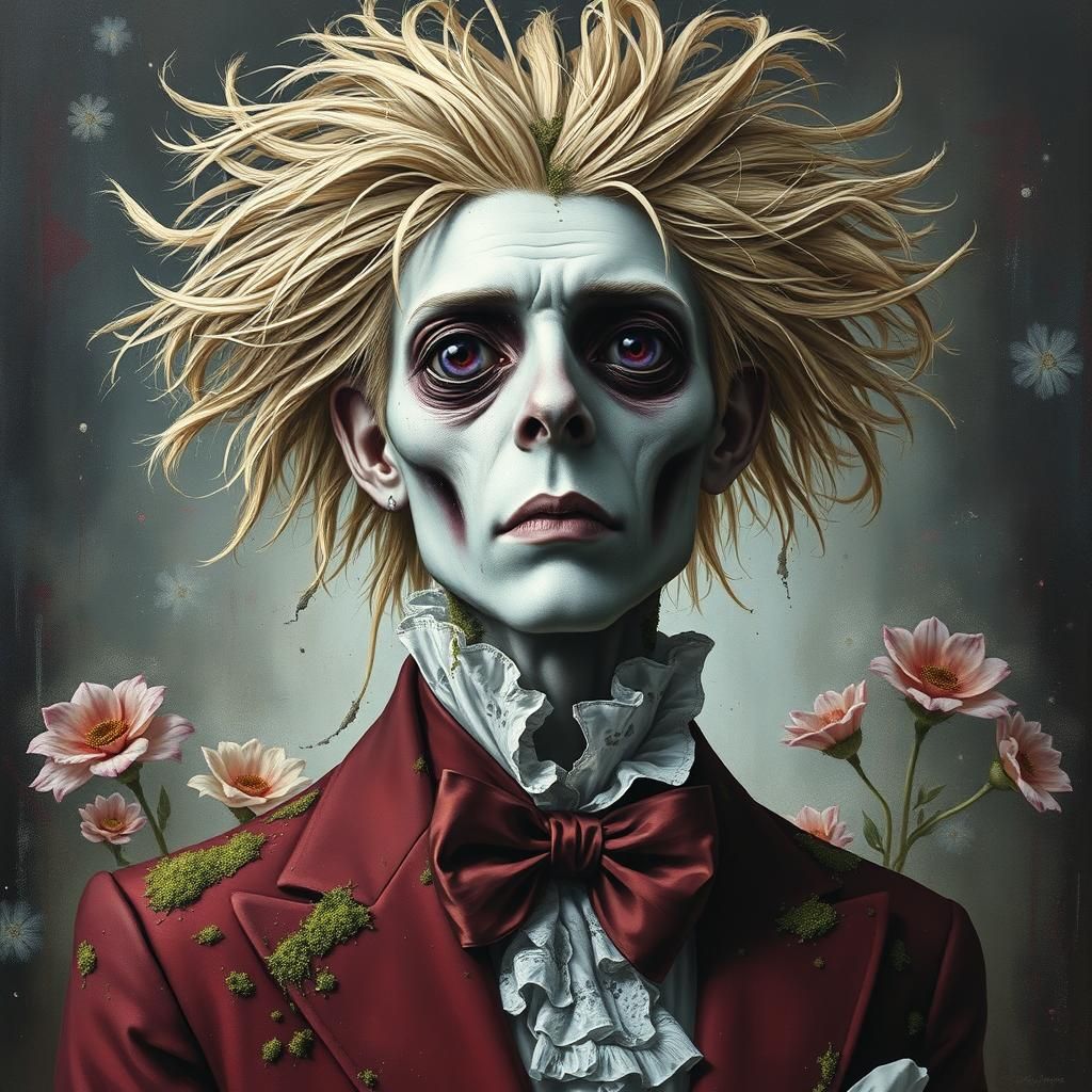 Haunting Man in Maroon Tuxedo: Surreal Gothic Art