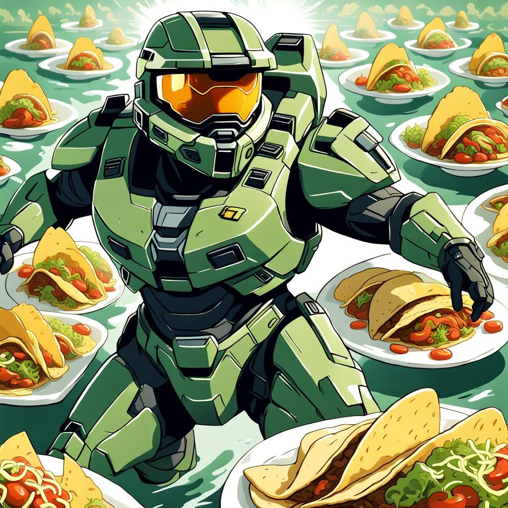 Master Chief Duck Battles Taco Army in Anime Style