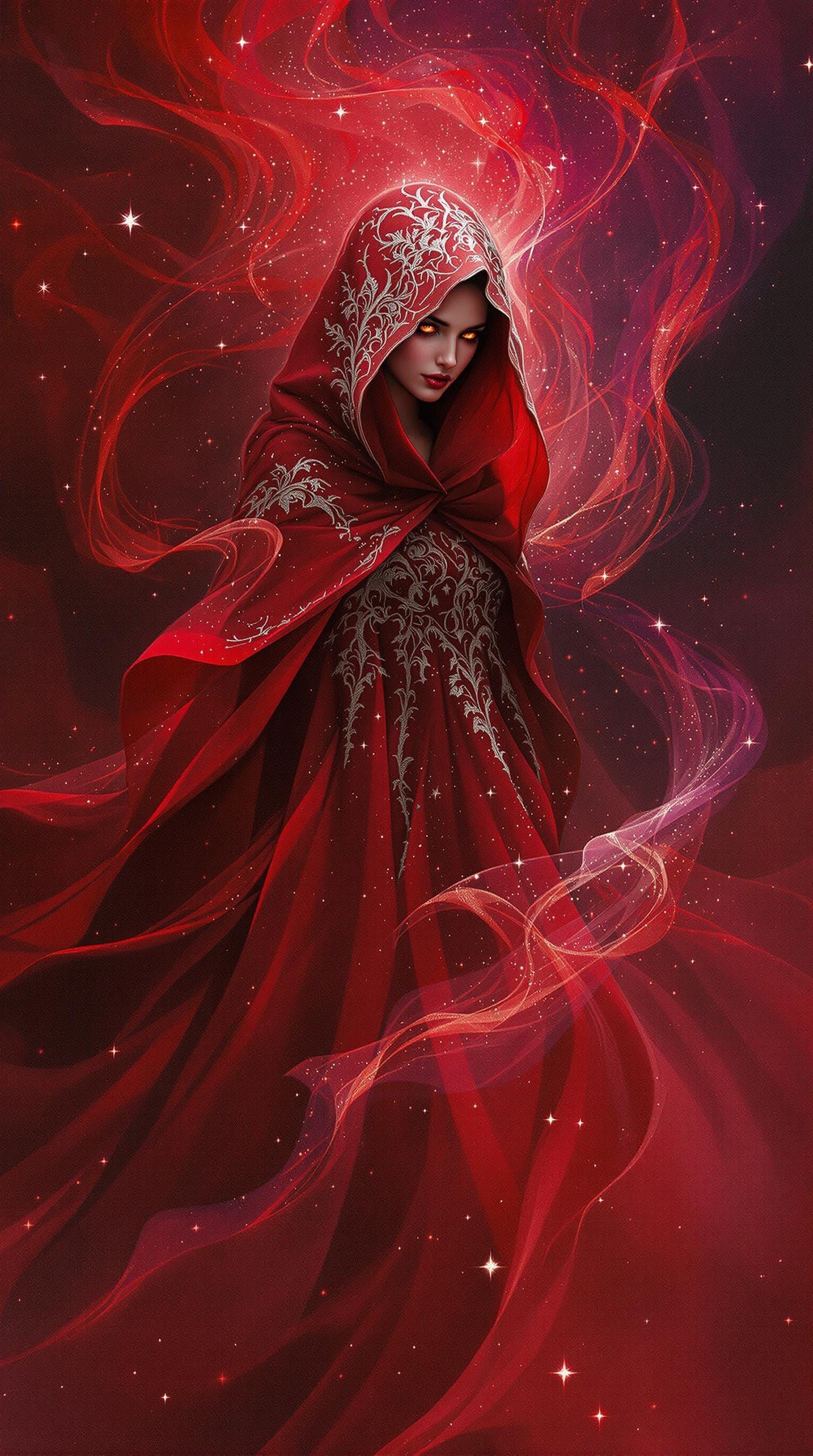 Mystical Woman Surrounded by Ethereal Glittering Red Mist in...
