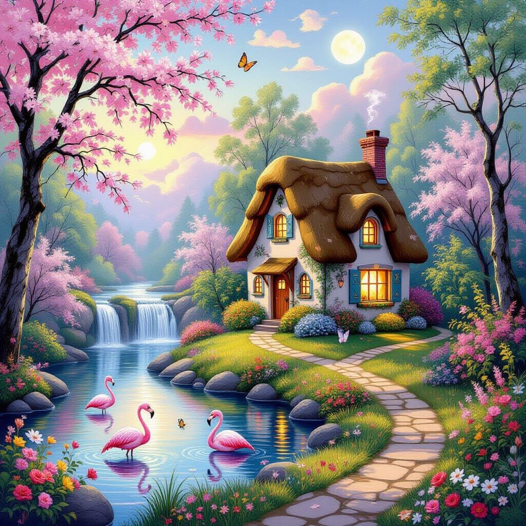 Impressionistic Fairy-Tale Landscape with Cottage and Pond