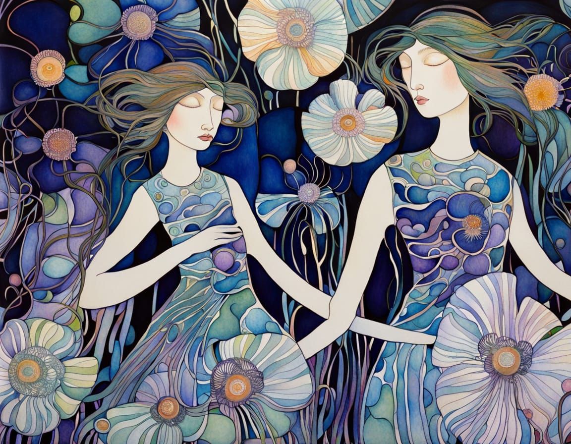 Abstract Anemone Flowers in Ink and Watercolor