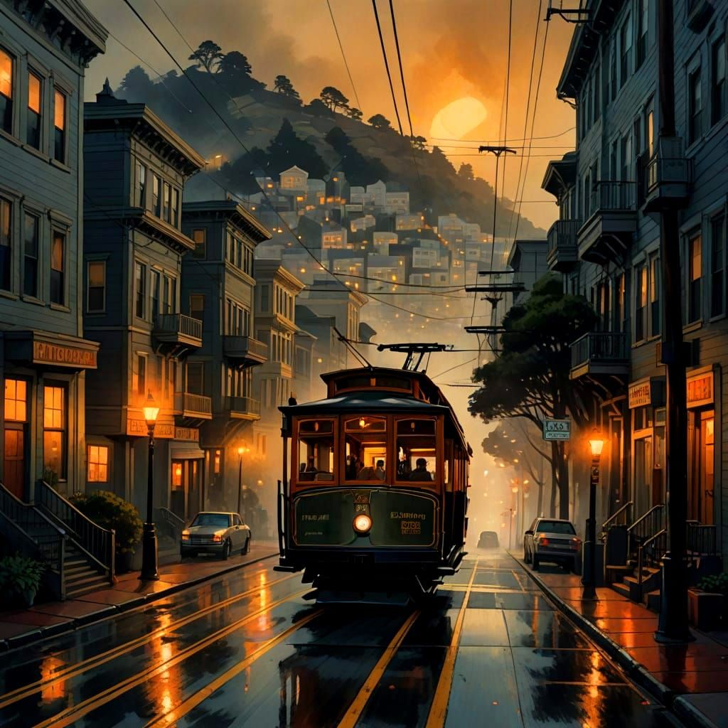 Vintage Cable Car Ascends Foggy San Francisco Hillside