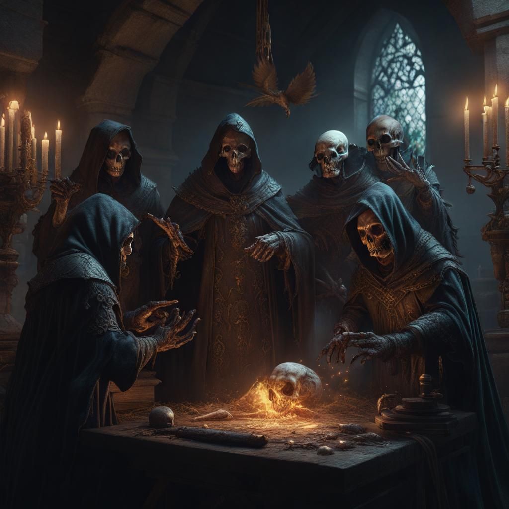 Medieval Necromancers Casting Magic in Dark Fantasy Style